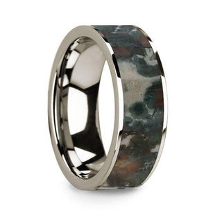 Flat Polished 14k White Gold Wedding Ring with Coprolite Fossil Inlay - 8 mm - Thorsten Rings