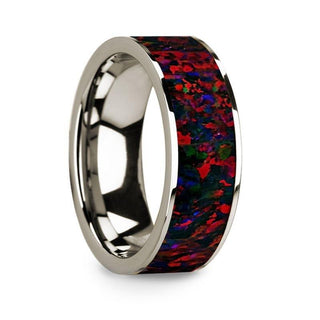 Flat Polished 14k White Gold Wedding Ring with Black and Red Opal Inlay - 8 mm - Thorsten Rings