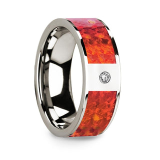 Red Opal Inlaid Polished 14k White Gold Men’s Wedding Ring with Diamond Accent - 8mm - Thorsten Rings