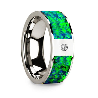 Men’s Polished 14k White Gold & Green/Blue Opal Inlay Wedding Ring with Diamond - 8mm - Thorsten Rings