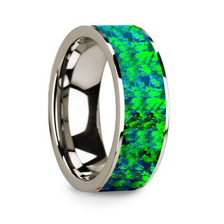 Men’s 14k White Gold & Green/Blue Opal Inlaid Flat Wedding Band - 8mm - Thorsten Rings