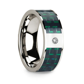 Diamond Accented 14k White Gold Men’s Wedding Ring with Black & Green Carbon Fiber Inlay - 8mm - Thorsten Rings