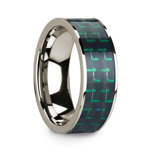 Men’s Polished 14k White Gold Flat Ring with Black & Green Carbon Fiber Inlay - 8mm - Thorsten Rings