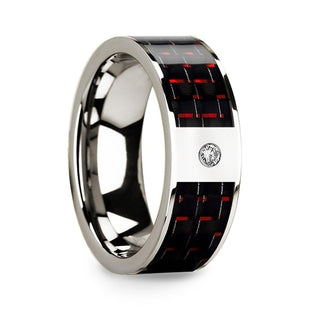 Men’s 14k White Gold Flat Wedding Ring with Red & Black Carbon Fiber Inlay & Diamond - 8mm - Thorsten Rings