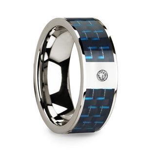 Polished 14k White Gold Diamond Wedding Ring with Blue & Black Carbon Fiber Inlay - 8mm - Thorsten Rings