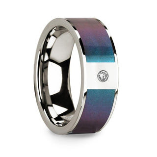 14k Polished White Gold Wedding Ring with Blue & Purple Color Changing Inlay & Diamond - 8mm - Thorsten Rings