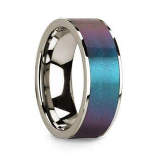 Blue & Purple Color Changing Inlaid Polished 14k White Gold Men’s Wedding Ring - 8mm - Thorsten Rings