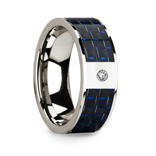 Diamond Center 14k White Gold Men’s Wedding Ring with Blue & Black Carbon Fiber Inlay - 8mm - Thorsten Rings