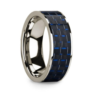 Blue & Black Carbon Fiber Inlaid Polished 14k White Gold Men’s Flat Wedding Ring - 8mm - Thorsten Rings