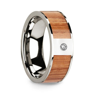 Polished 14k White Gold Men’s Wedding Band with Red Oak Wood Inlay & Diamond Accent - 8mm - Thorsten Rings