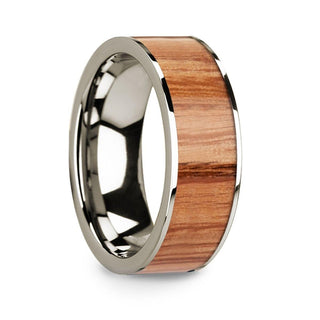 Polished Flat 14k White Gold Men’s Wedding Ring with Red Oak Wood Inlay - 8mm - Thorsten Rings