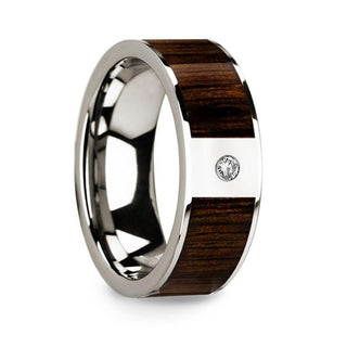 Men’s Polished 14k White Gold & Black Walnut Inlay Wedding Ring with Diamond - 8mm - Thorsten Rings