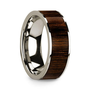 Polished 14k White Gold Men’s Ring with Black Walnut Wood Inlay 8mm - Thorsten Rings