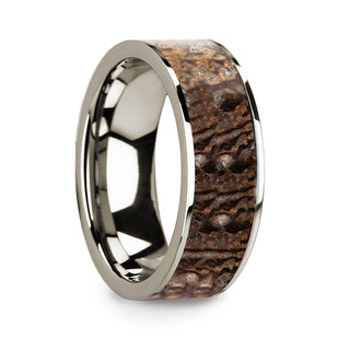 Polished 14k White Gold Men’s Flat Wedding Ring with Brown Dinosaur Bone Inlay - 8mm - Thorsten Rings