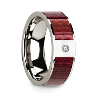 Men’s Polished 14k White Gold Wedding Band with Purpleheart Wood Inlay & Diamond - 8mm - Thorsten Rings