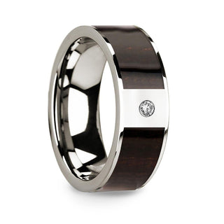 Men’s Polished 14k White Gold & Ebony Wood Inlaid Wedding Ring with Diamond Center - 8mm - Thorsten Rings