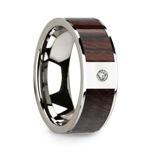 Polished 14k White Gold Men’s Wedding Band with Bubinga Wood Inlay & Diamond - 8mm - Thorsten Rings