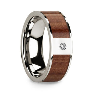 Polished 14k White Gold Men’s Wedding Ring with Rosewood Inlay & Diamond Center - 8mm - Thorsten Rings