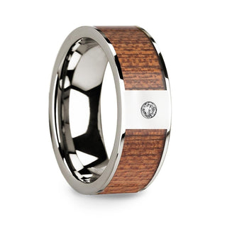 Men’s Polished 14k White Gold Wedding Band with Cherry Wood Inlay & Diamond Center - 8mm - Thorsten Rings