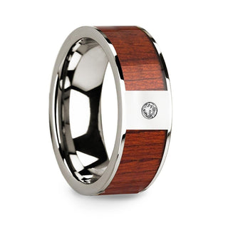 Men’s 14k White Gold Polished Wedding Ring with Padauk Wood Inlay & Diamond - 8mm - Thorsten Rings