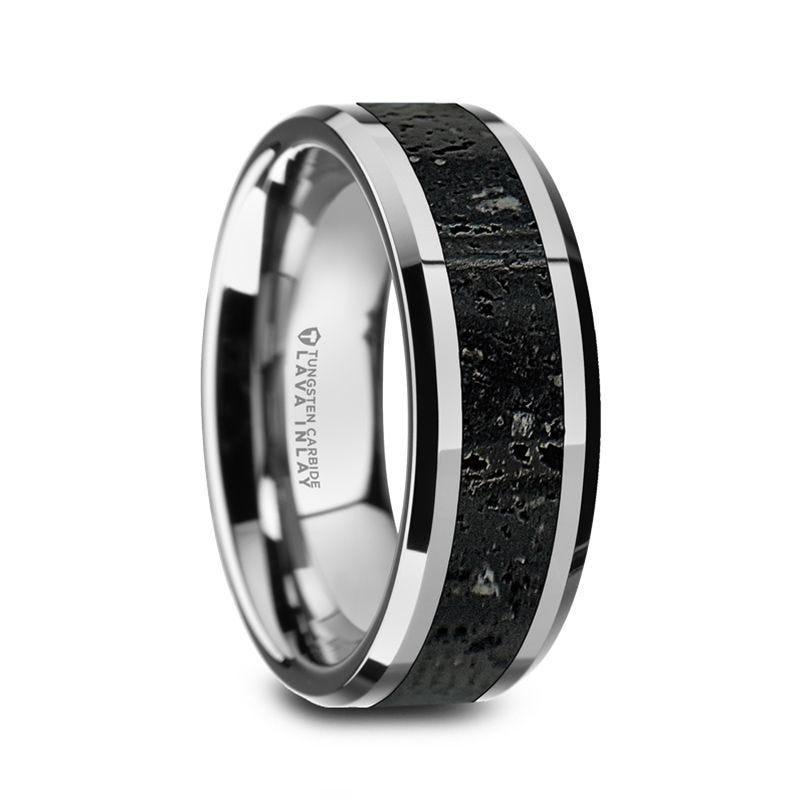 KILAUEA Men's Polished Tungsten Wedding Band with Black & Gray